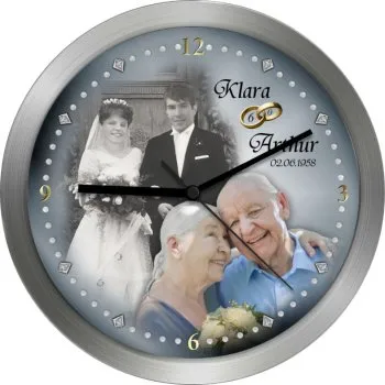 Diamanthochzeitsuhr mit Funk - 25 cm - Alurahmen gebürstet