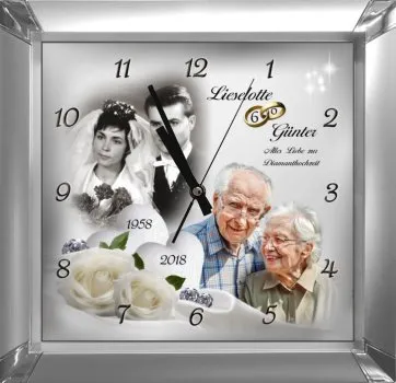 Fotouhr zur Diamanthochzeit mit eckigem Silberrahmen
