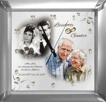 Fotouhr zur Diamanthochzeit mit eckigem Silberrahmen
