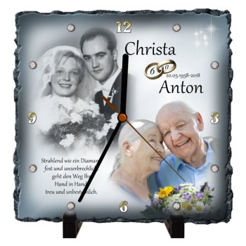 Preview: Diamanthochzeit Geschenk – Persönliche Schieferuhr mit Foto (60 Jahre Liebe)