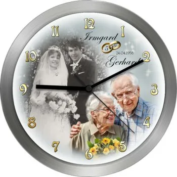 Fotouhr mit Aluminiumrahmen zur Diamanthochzeit - individuell gefertigt mit Ihren Bildern + Ihrem Text