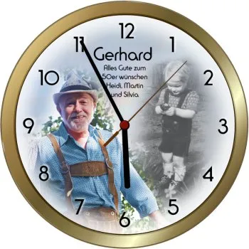 Messingfarbige Metallwanduhr mit Ihren Fotos und Ihrem Wunschtext