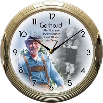 Preview: Fotouhr mit goldenen Rahmen - individuell gefertigt mit Ihren Bildern und Ihrem Text