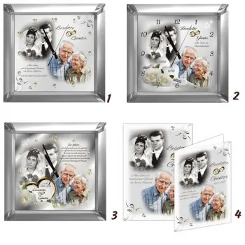 Fotouhr zur Diamanthochzeit mit eckigem Silberrahmen