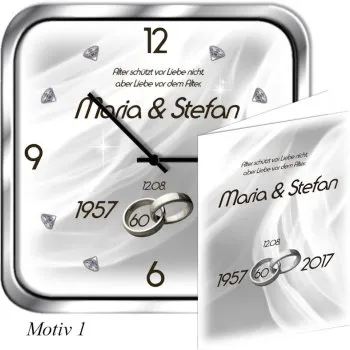 Geschenk zum 60. Hochzeitstag Metalluhr eckig - Motivuhr