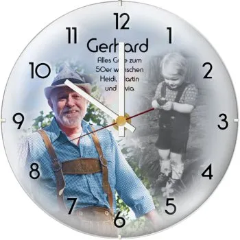 Zum 50. Gebrutstag eine Uhr mit Kinderfoto und aktuellem Bild als persönliches Geschenk - wie die Zeit vergeht
