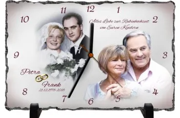 Zum 40. Hochzeitstag ein originelles Geschenk: Fotouhr auf Schieferplatte