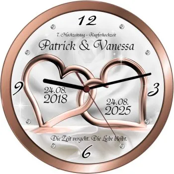 Edle Hochzeitsuhr in Kupferoptik personalisiert zum 7. Hochzeitstag