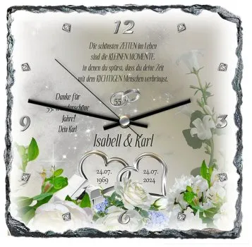 Perfektes Geschenk zur Platinhochzeit: Überraschen Sie das Jubelpaar mit dieser stilvollen und emotionalen Schieferuhr, die an 55 Jahre Liebe und Zusammenhalt erinnert.