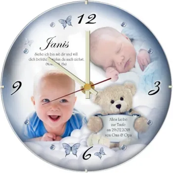 Blau gestaltete Taufuhr mit TEddybär, Namen und Foto des Babysm Taufdatum und Taufspruch als Geschenk zur Taufe