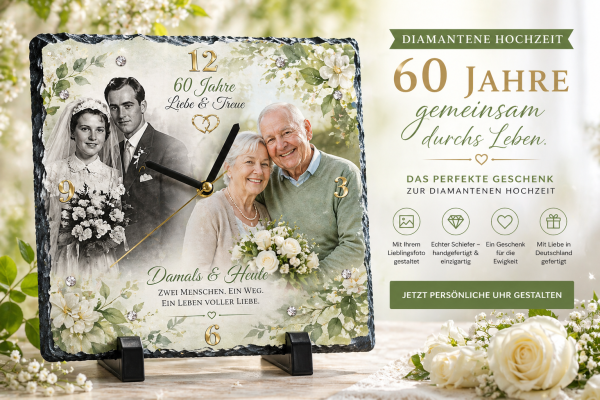60 Jahre Liebe verewigt – Schieferuhr zur Diamanthochzeit mit Foto
