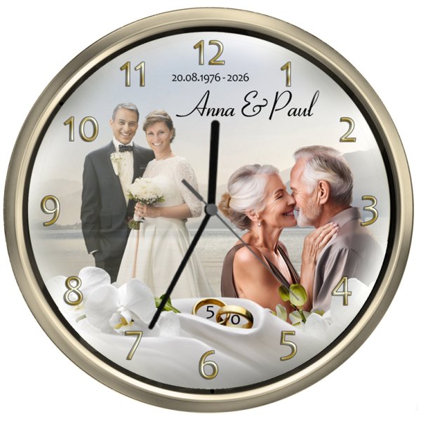 Fotouhr mit Goldrand als Geschenk zur Goldenen Hochzeit