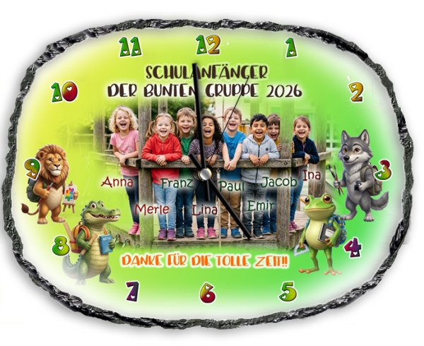 Abschied Erzieher, besonders Geschenk eine ovale Schieferuhr mit dem Gruppenfoto und den Namen der Kinder