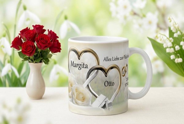 Personalisiserte Tasse zur Platinhochzeit mit Namen und Datum der Hochzeit