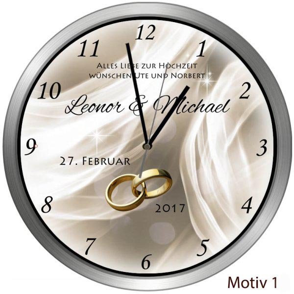 Hochzeitsuhr Metallrahmen rund Motiv 1