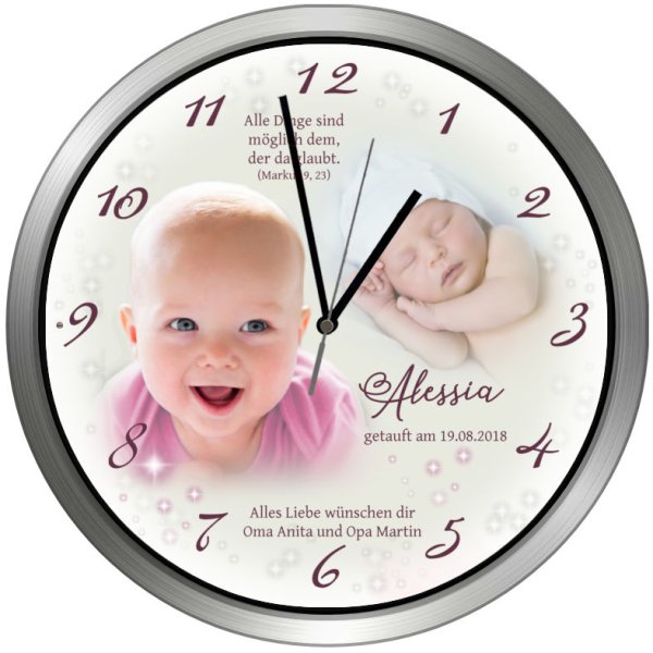 Hochwertige Taufuhr mit Edelstahlrahmen und geräuscharmen Funkuhrwerk