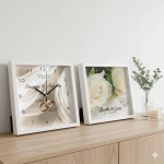 Schönes Hochzeitsgeschenk - Hochzeitsbild oder -uhr im weißen Holzrahmen